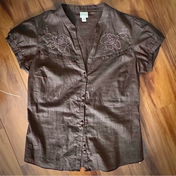 Merona Brown Floral Embroidered Short Sleeve Button Up Shirt - Picture 3 of 5